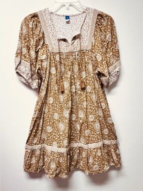 Old Navy, Boho Tassel Prairie Dress in Mustard Floral POCKETS!!!Size Xxl